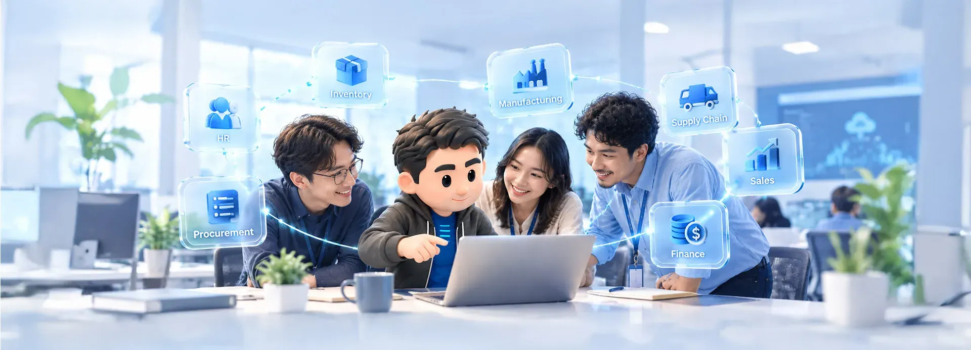 ERP system connecting finance sales inventory and procurement