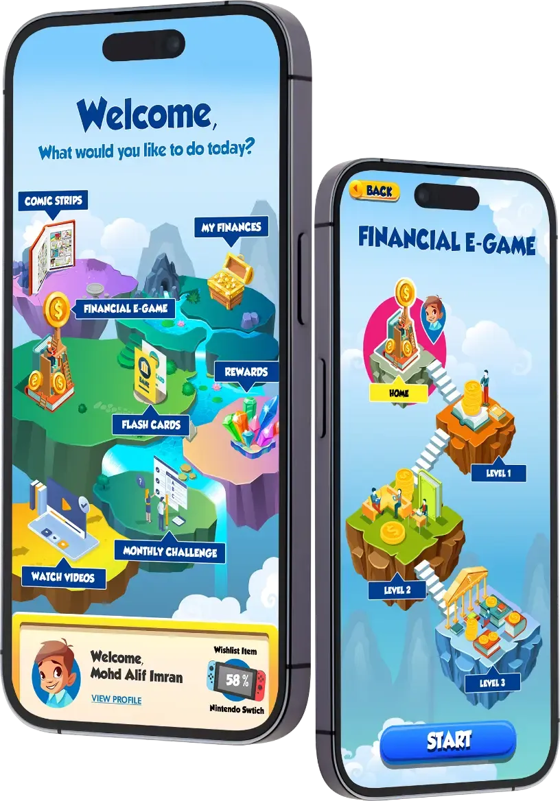Financial literacy application by Trinergy for Alliance Bank, featuring gamified elements and interactive tools to engage users and educate future generations.