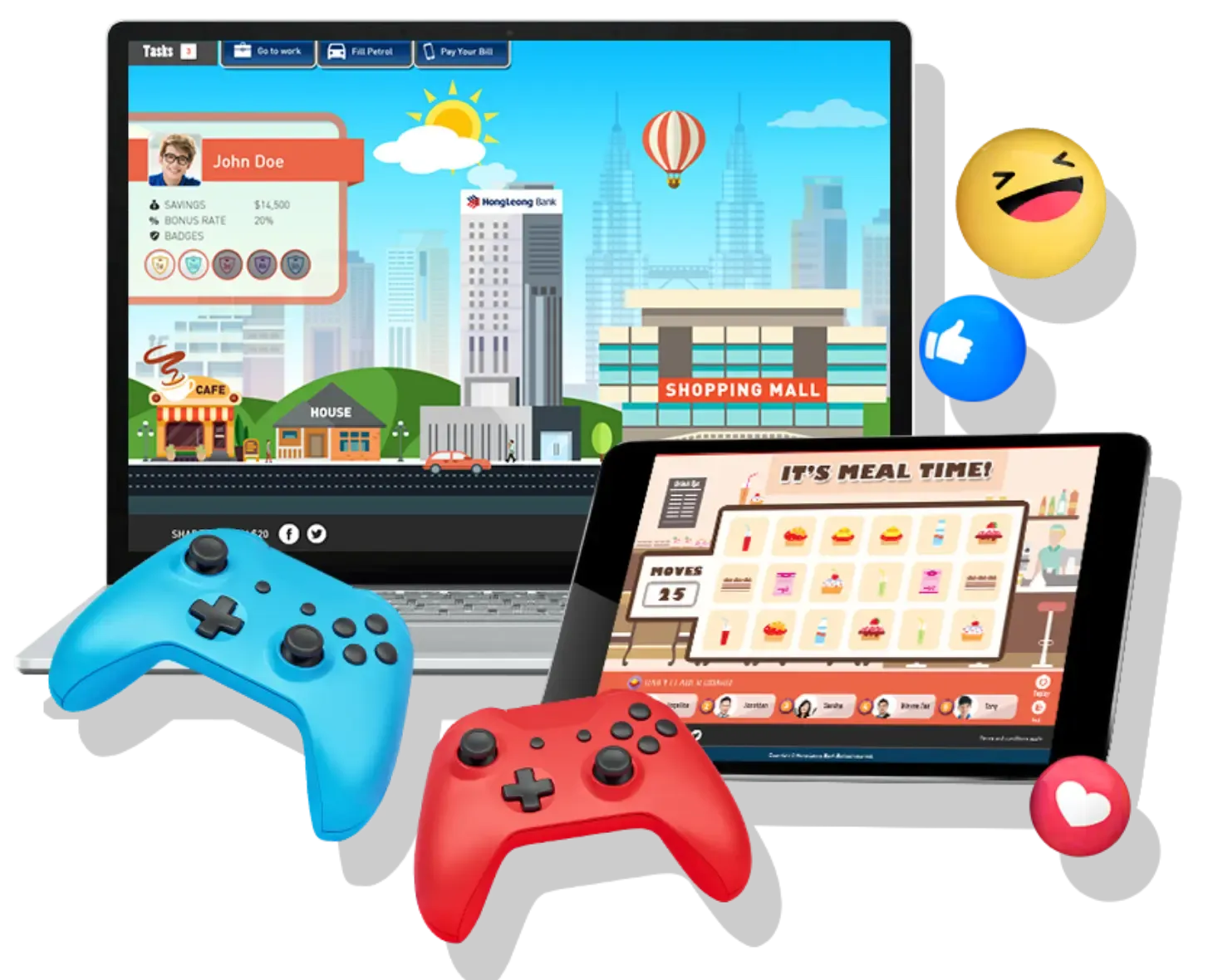 A gamified banking solution by Trinergy for Hong Leong Bank, integrating interactive gaming features on laptops and tablets to enhance user engagement and customer satisfaction.