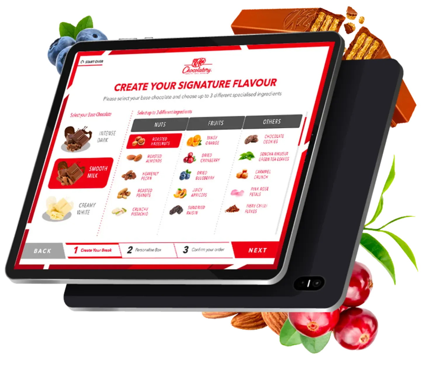 Interactive tablet showcasing the KitKat Chocolatory platform, highlighting Trinergy’s innovative approach to personalized chocolate crafting experiences.