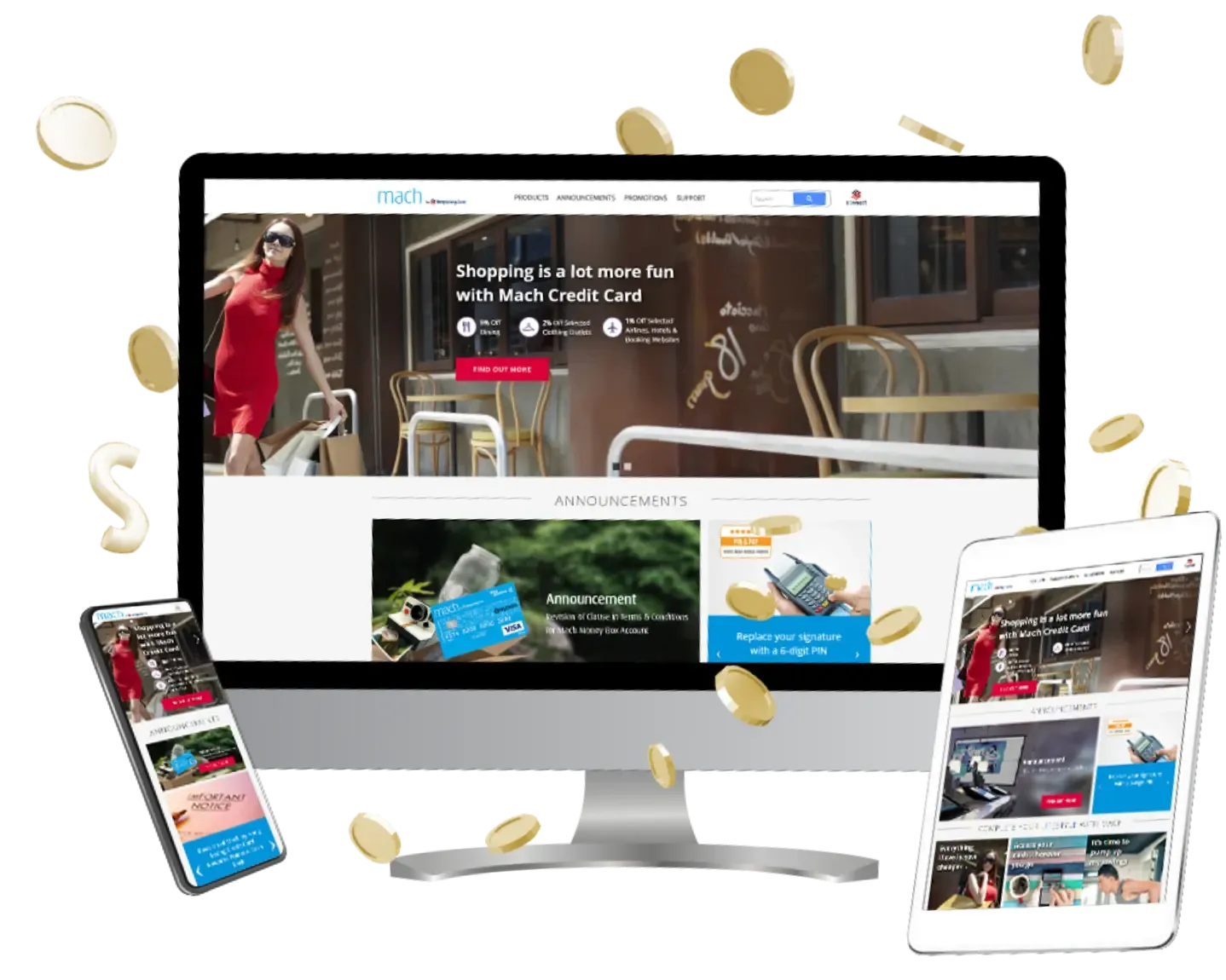 Trinergy's digital transformation project for MACH by Hong Leong Bank, showcasing a responsive website displayed on desktop, tablet, and mobile devices, highlighting innovative banking solutions for millennials