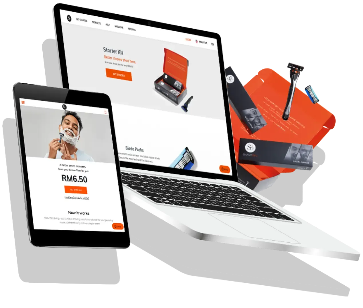 Trinergy's redesign for Shave2U's subscription-based e-commerce platform featuring product boxes, a tablet, and a laptop displaying their improved online shopping interface.