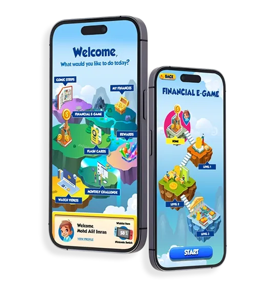 Financial literacy application by Trinergy for Alliance Bank, featuring gamified elements and interactive tools to engage users and educate future generations.