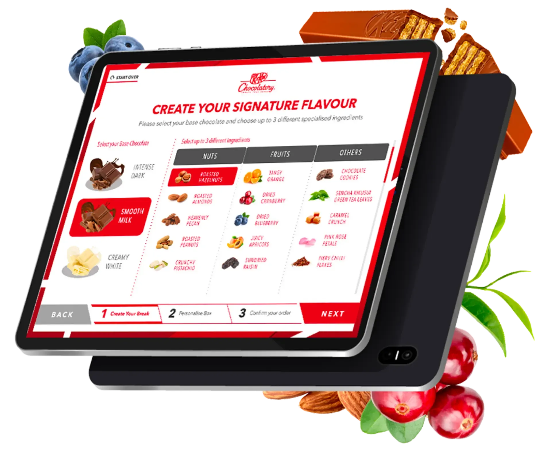 Interactive tablet showcasing the KitKat Chocolatory platform, highlighting Trinergy’s innovative approach to personalized chocolate crafting experiences.