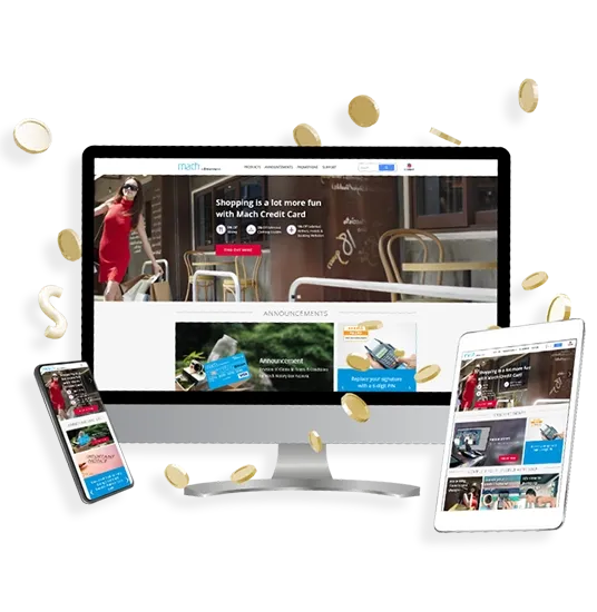 Trinergy's digital transformation project for MACH by Hong Leong Bank, showcasing a responsive website displayed on desktop, tablet, and mobile devices, highlighting innovative banking solutions for millennials