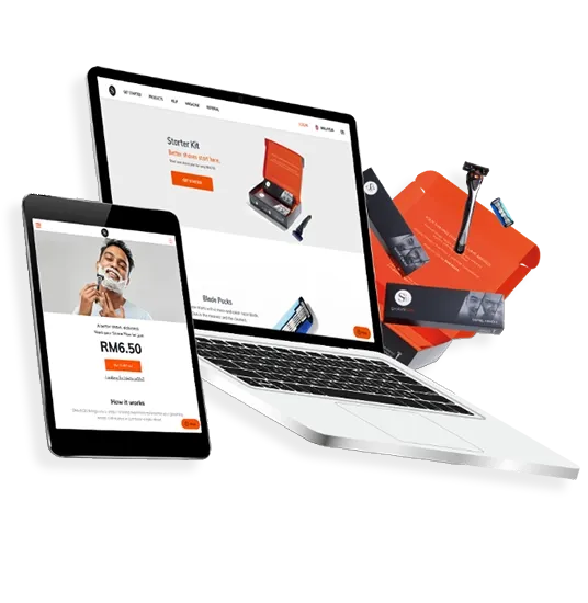 Trinergy's redesign for Shave2U's subscription-based e-commerce platform featuring product boxes, a tablet, and a laptop displaying their improved online shopping interface.