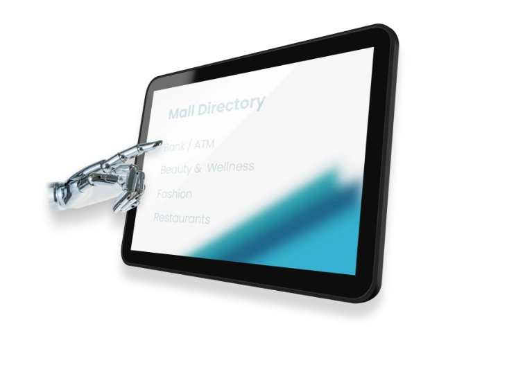 A futuristic robotic hand interacting with a digital screen