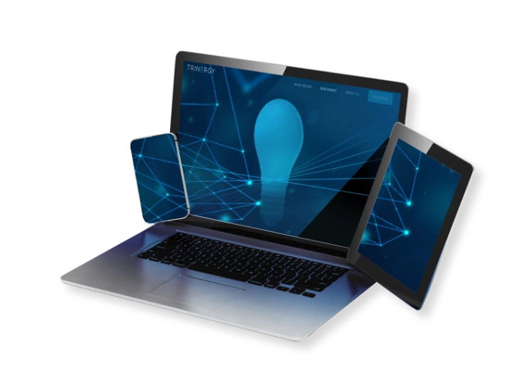 A laptop, tablet, and smartphone showcasing innovative digital technology solutions by Trinergy